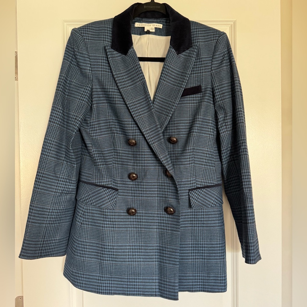 VERONICA BEARD wool dickey jacket w/ corduroy detail | Blue/navy plaid | Size 8